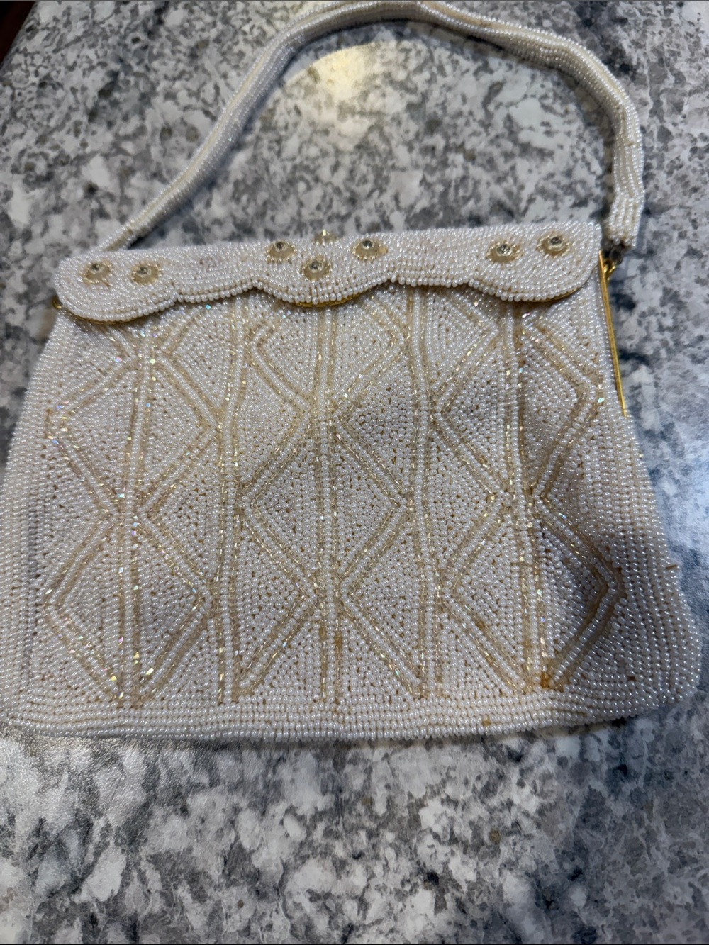 Walborg Small Beaded Cream Evening Handbag with Gold Accents from Japan